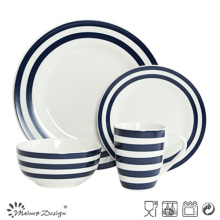 16PCS Porcelain Dinner Set with Blue Decal Strip and Dots Design